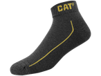 CAT branded dark gray ankle socks with a yellow stripe.