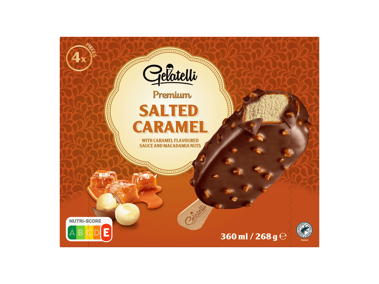 Caixa de gelados de caramelo salgado com molho de caramelo e nozes de macadâmia, 4 unidades.