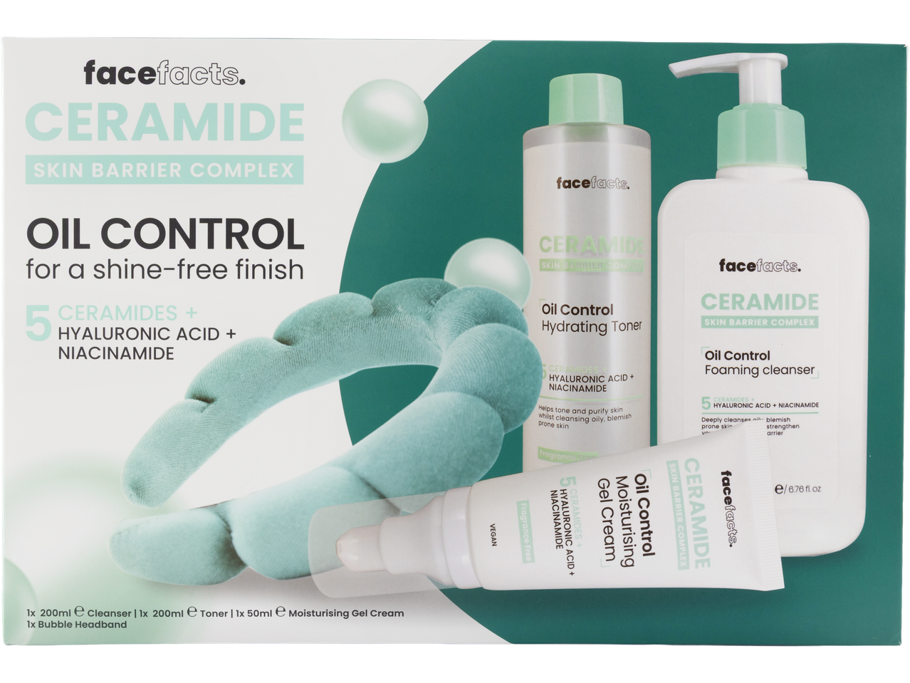 Facefacts Ceramide Oil Control skincare set with cleanser, toner, gel cream, and headband.