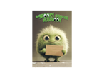 Slatko, čupavo zeleno čudovište drži praznu beležnicu sa natpisom 'SPOOKY MONSTER NOTEBOOK'.