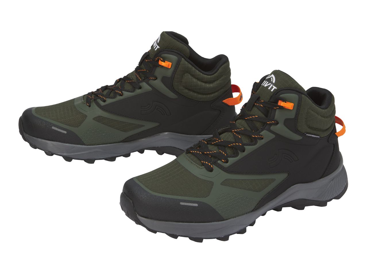 A pair of Livit mid-top hiking boots in olive green and black.