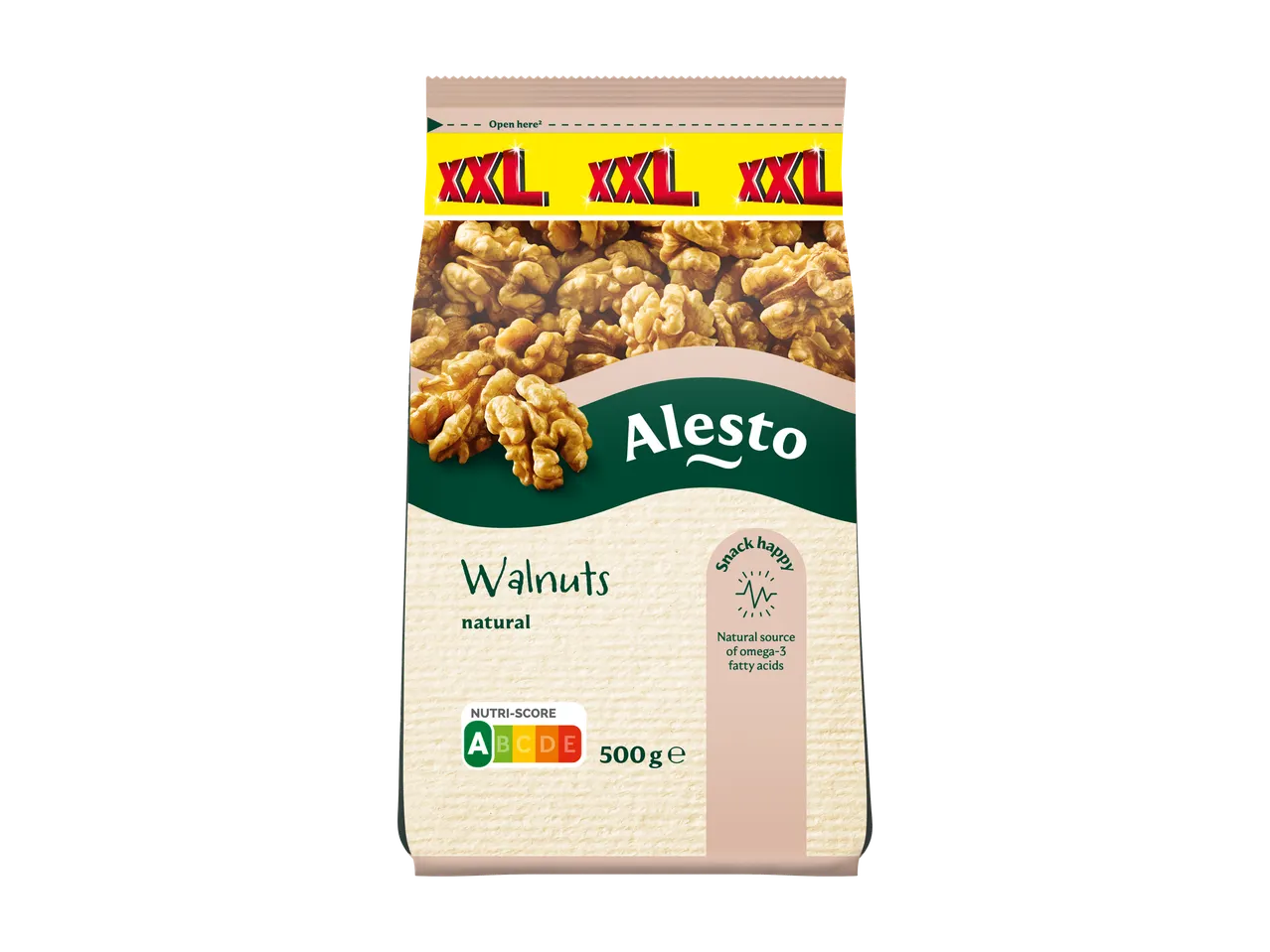 Verpakking Alesto XXL natuurlijke ongezouten walnoten met Nutri-Score A, 500g.