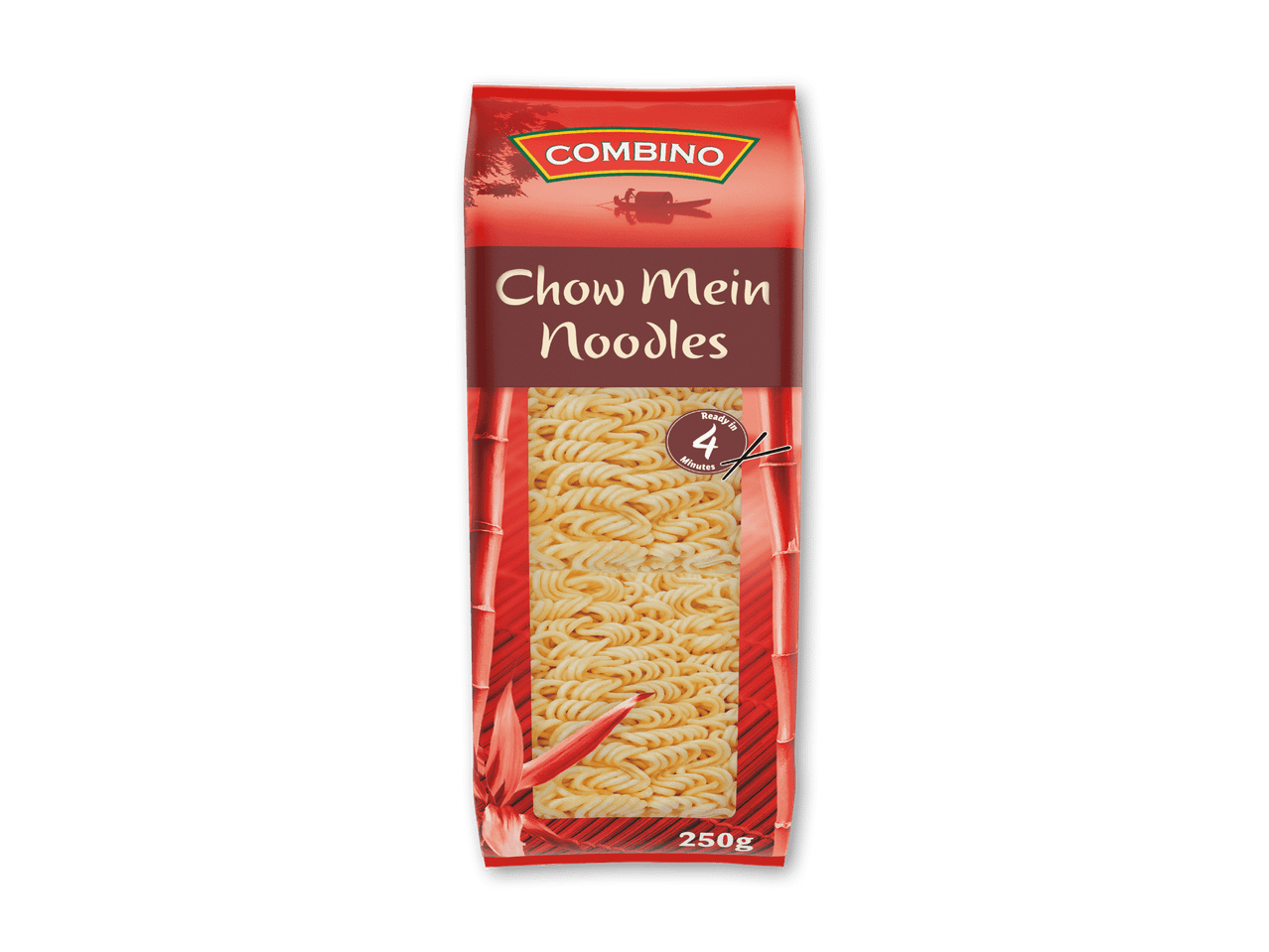 Pakke med chow mein nudler, klar på 4 minutter, med et asiatisk tema og bambusdetaljer.