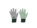 Um par de luvas de jardinagem cinzentas com punhos verdes e pontos antiderrapantes.