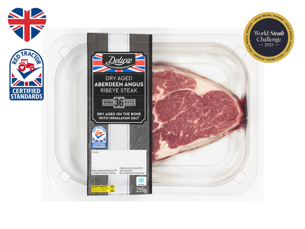 Dry-aged Aberdeen Angus ribeye steak, 255g, Red Tractor certified.