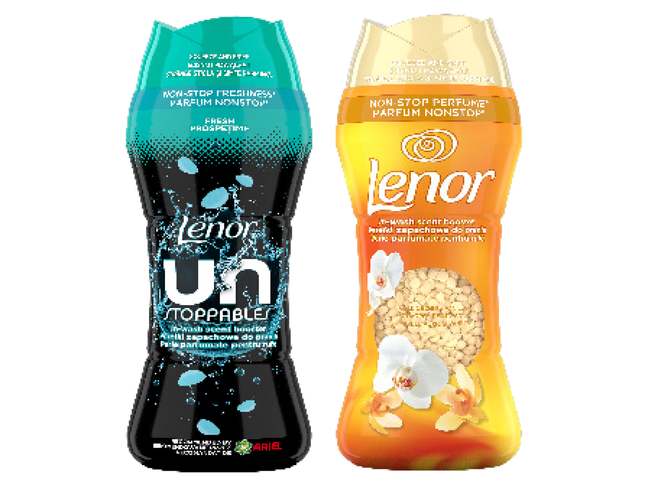 Divas Lenor Unstoppables veļas smaržu pērlīšu pudeles: viena tirkīzzila ar uzrakstu 'Fresh', otra oranža ar uzrakstu 'Perfume'.