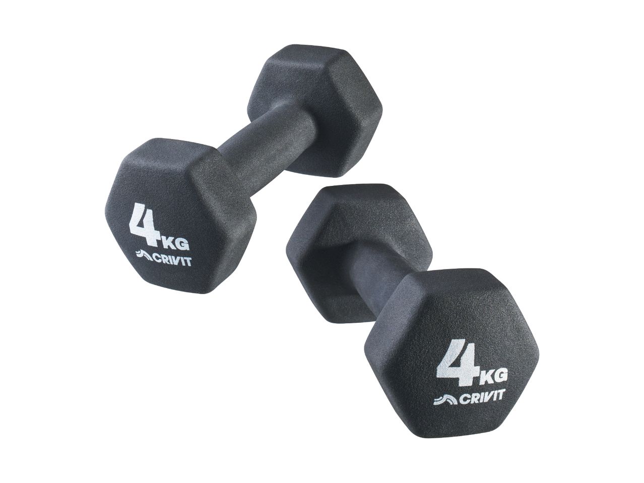 Two black 4kg Crivit dumbbells with hexagonal ends.