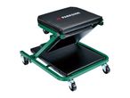 Green and black mechanic's creeper seat with wheels, convertible to a creeper board.