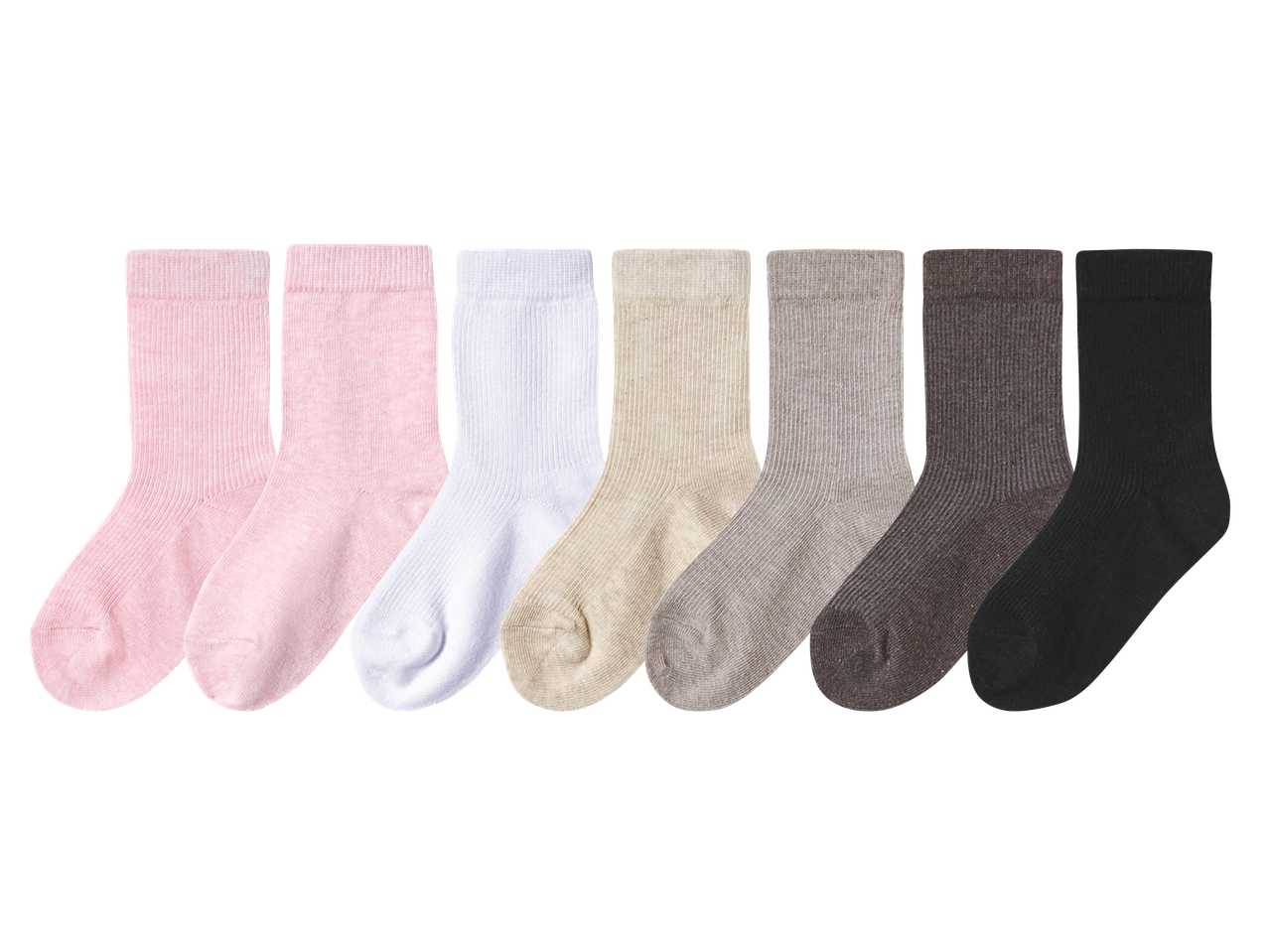 Седем чифта детски чорапи в различни цветове: розово, бяло, бежово, сиво, кафяво и черно.
