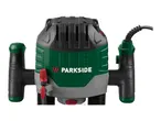 A green and black electric router with a red depth adjustment knob and a power cord.