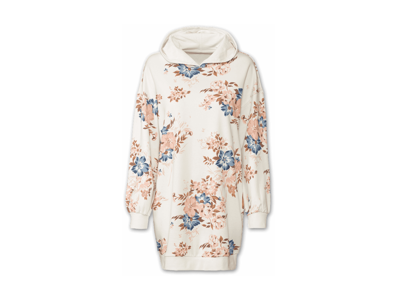 Cremefarbenes Hoodie-Kleid mit Blumenmuster in Rosa und Blau