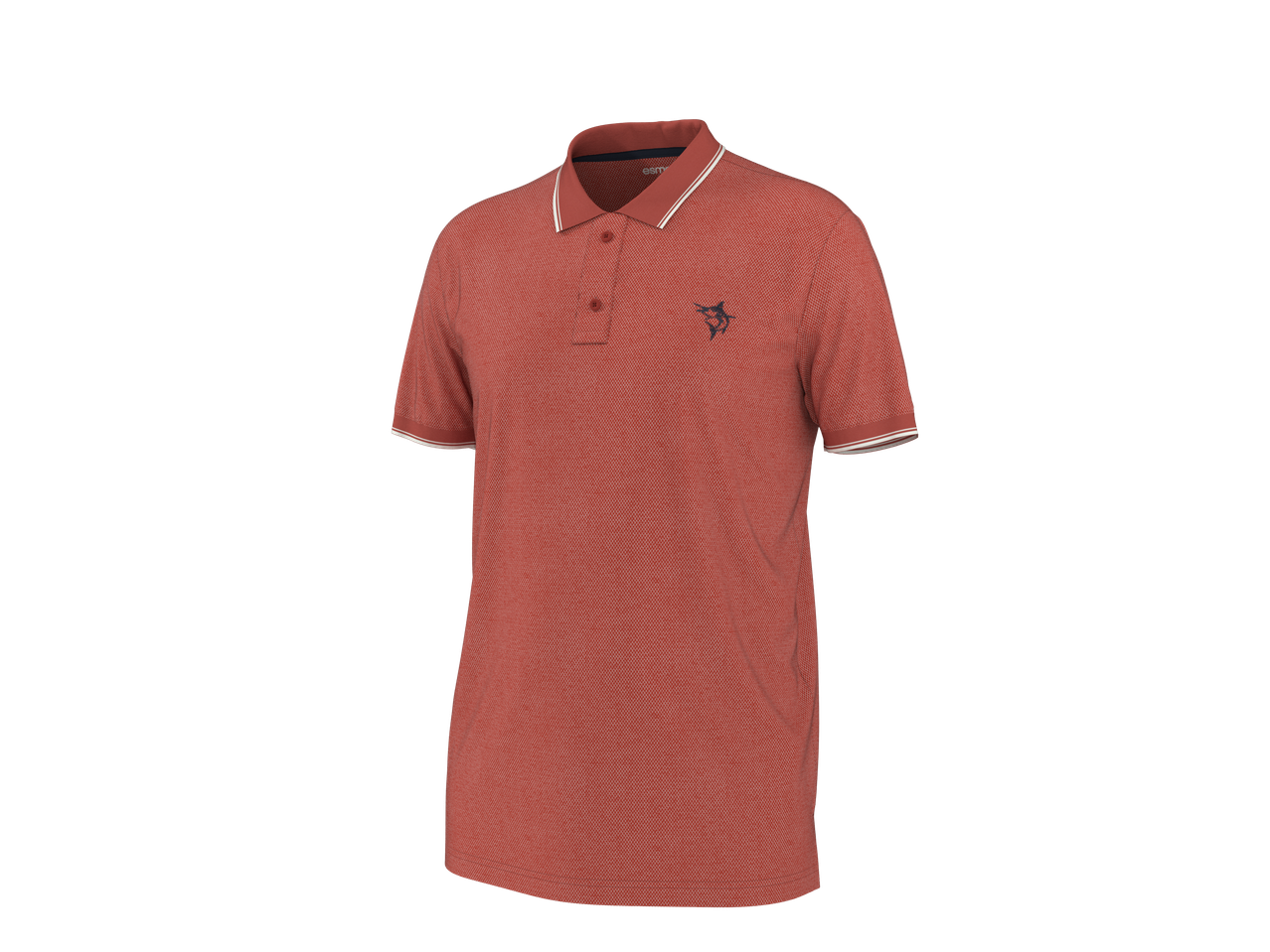 Ķieģeļsarkans polo krekls ar īsām piedurknēm, apkakli un svītrainām aprocēm.