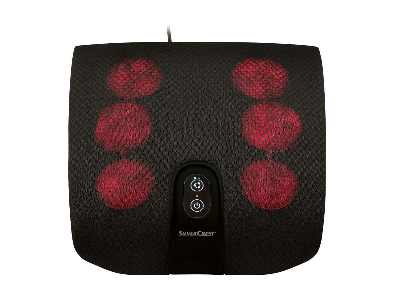 A black foot massager with red illuminated massage nodes and control panel.