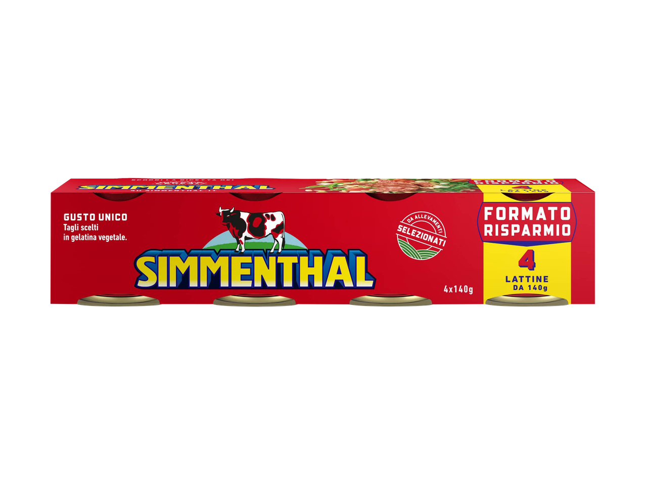 Confezione da 4 lattine di Simmenthal in salsa di pomodoro.