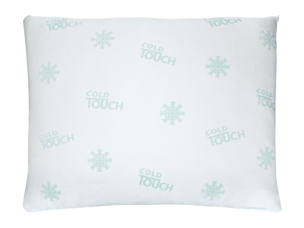 White pillow with 'COLD TOUCH' text and snowflake patterns.