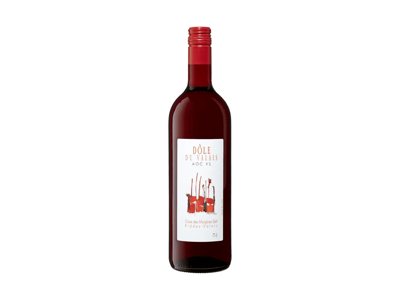 Eine Flasche Dôle du Valais Rotwein mit weißem Etikett und rotem Verschluss.