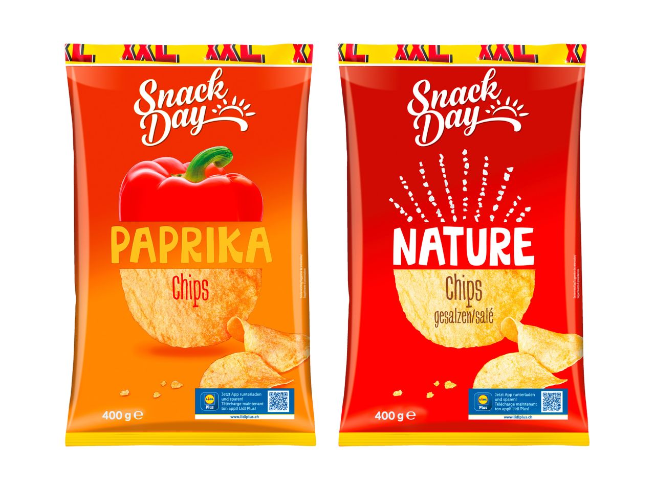 Deux paquets de chips Snack Day : Paprika et Nature.
