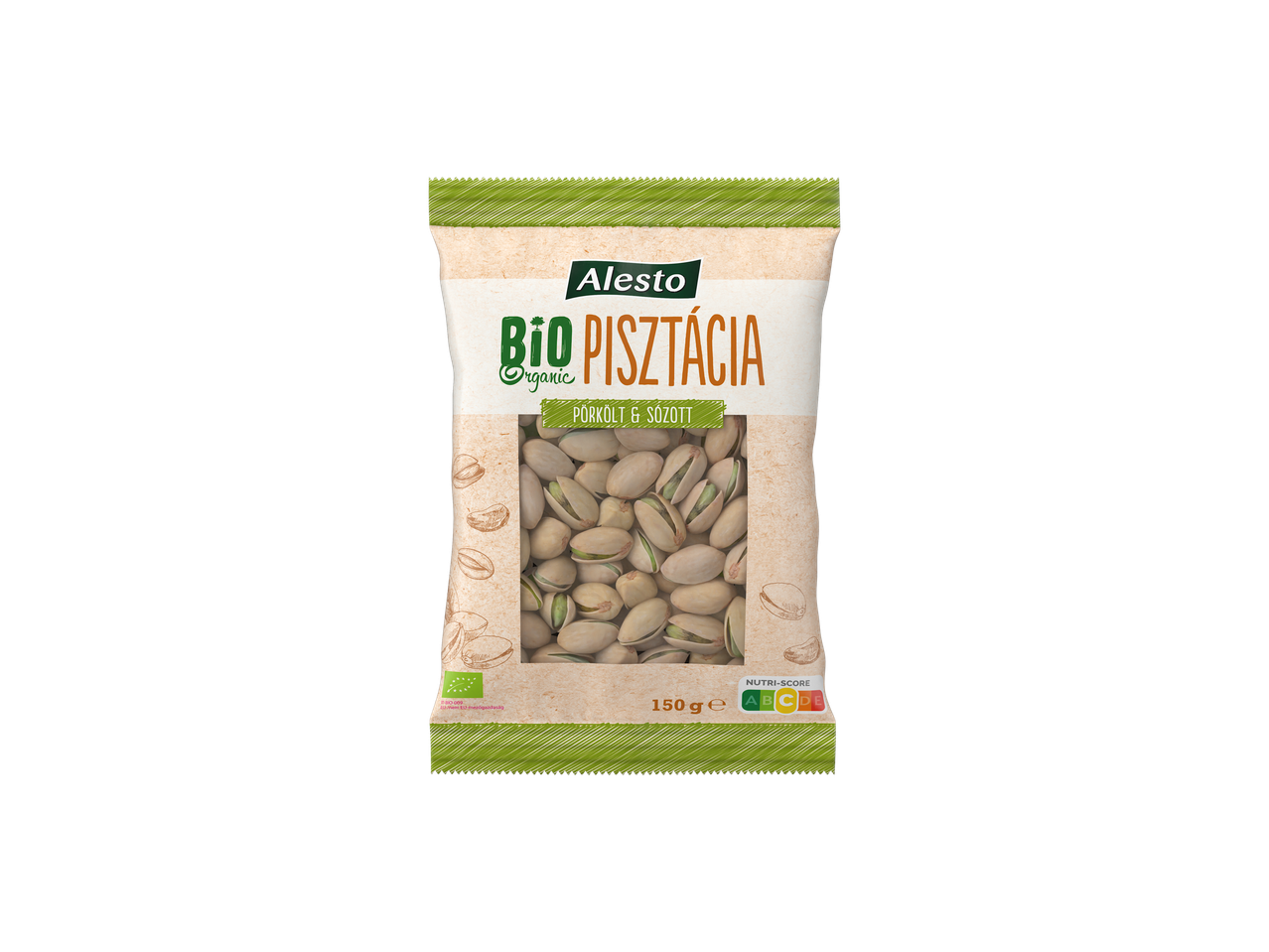 Alesto Bio pörkölt és sózott pisztácia, 150g-os csomag.
