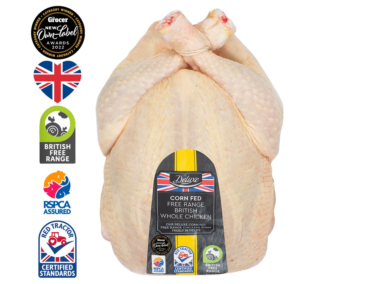Whole British chicken, corn fed, free range, RSPCA & Red Tractor certified.