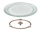 Microwave glass turntable plate with a brown roller ring and coupler underneath