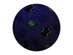 A dark blue circular mat with glow-in-the-dark planets, stars, constellations, and UFOs.