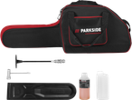 Parkside Performance chainsaw carrying case with accessories including oil and tools.