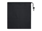 Black drawstring bag with a cord lock on a white background.