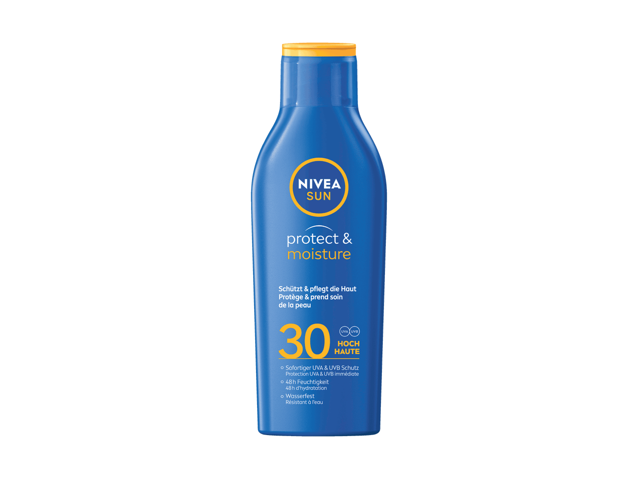 Lozione solare blu con protezione SPF 30, che offre idratazione e resistenza all'acqua.