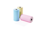 Três rolos de papel coloridos (azul, amarelo, rosa) para mini impressora de bolso TRONIC.