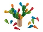 A colorful wooden balancing toy with lettered pieces, resembling a cactus, on a white background.