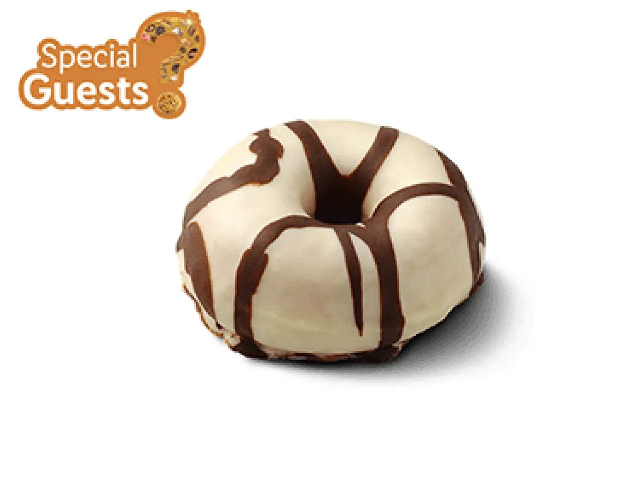 A white-iced donut with chocolate drizzle and a 'Special Guests' logo with a question mark.