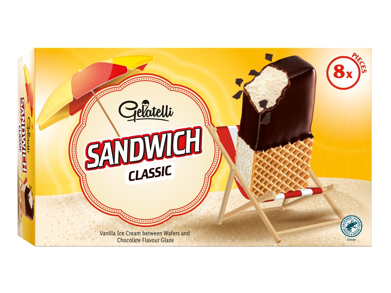 Gelatelli Classic Sandwich: 8 vanille ijsjes tussen wafels, met chocolade glazuur.