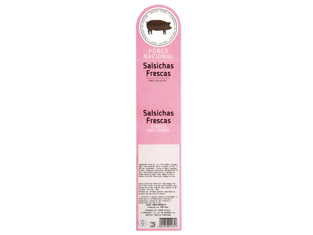 Embalagem de salsichas frescas de porco nacional, sem glúten.
