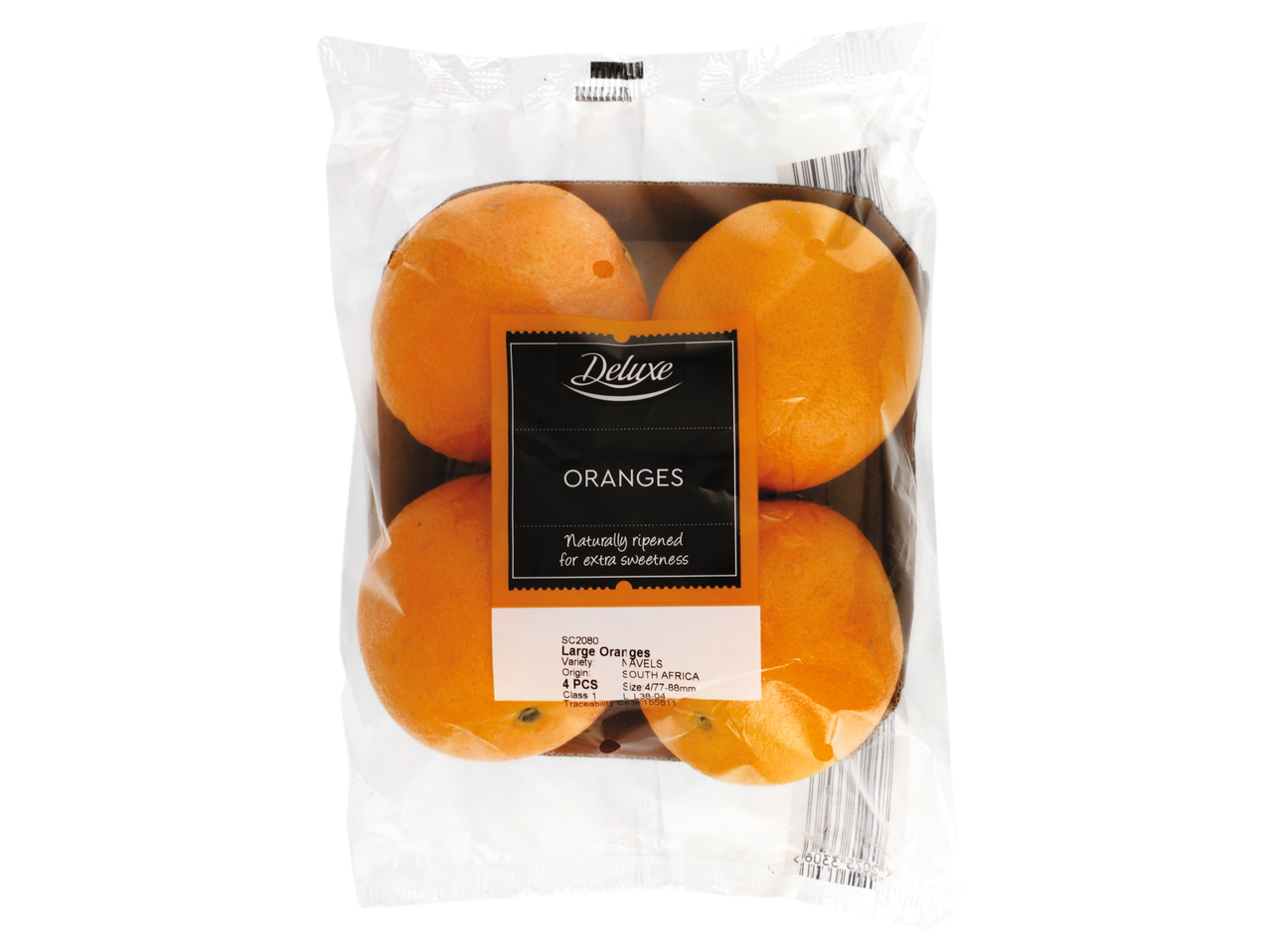 A package of four Deluxe brand oranges, naturally ripened for extra sweetness.