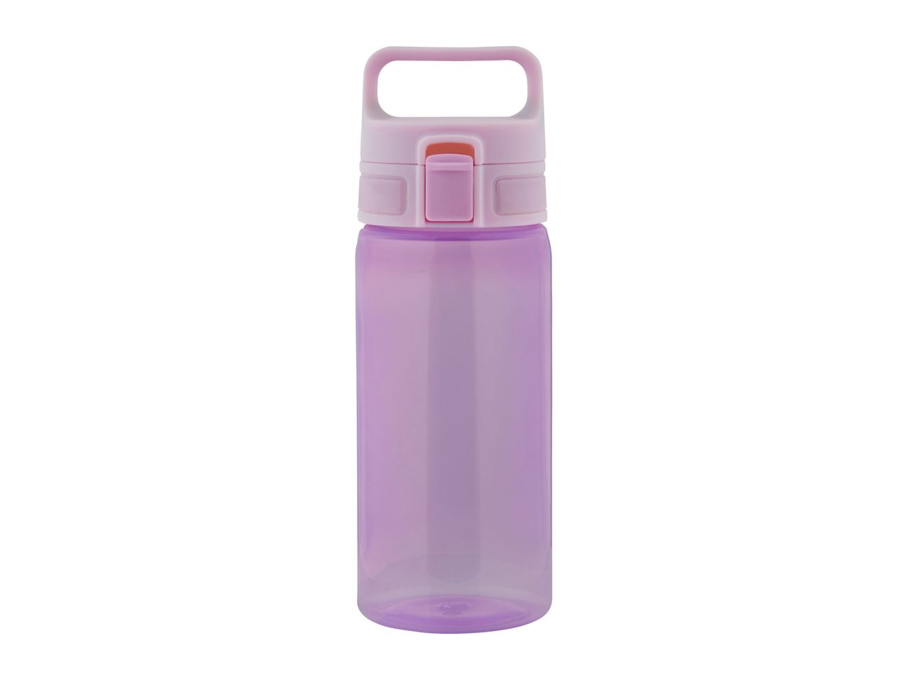 Purple plastic water bottle with handle.