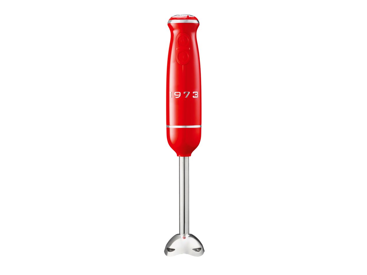 A red immersion blender with a silver shaft and a '1973' inscription on its handle.