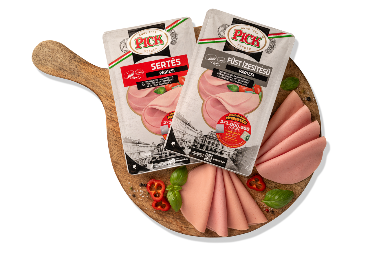 Pick Szeged sonka és füstölt sonka fa deszkán.
