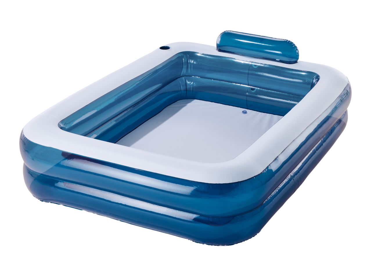 Inflatable rectangular paddling pool with blue and white sections, featuring a headrest.