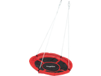 Lupilu® Nest Swing in red and black, hanging from white ropes.
