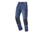 Jeans da lavoro blu con tasche cargo e rinforzi sulle ginocchia.