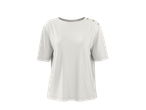 Tricou alb cu mânecă scurtă și nasturi aurii pe umăr.