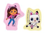 Two Gabby's Dollhouse character erasers, one pink with Gabby, one yellow with a cat.