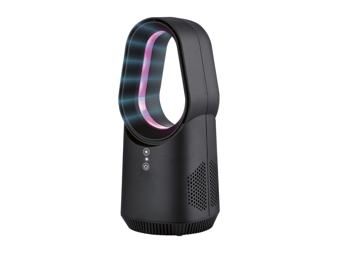 Black bladeless fan with purple light and control buttons on a white background