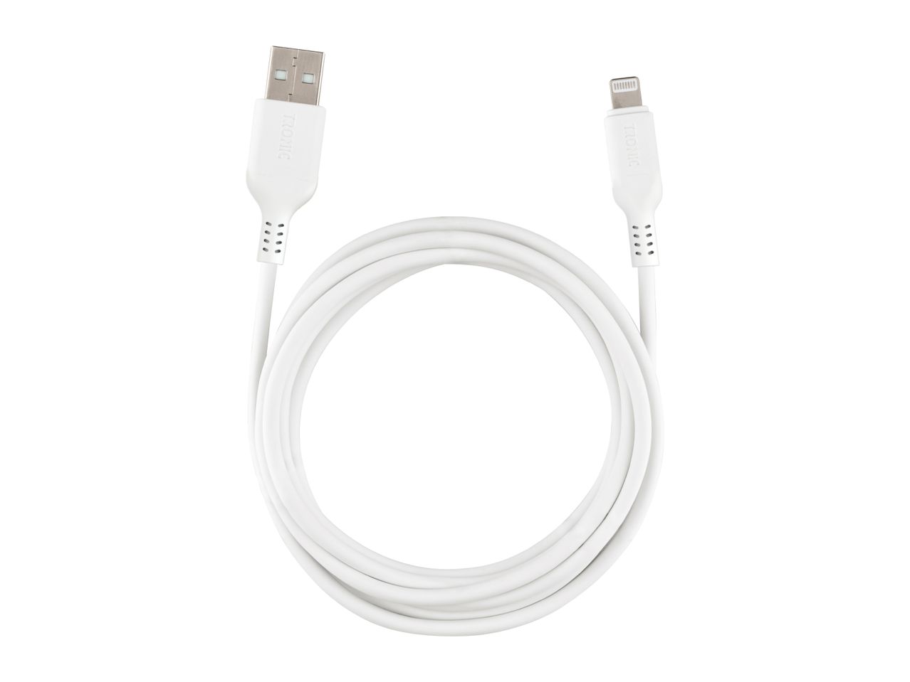 White USB to Lightning charging cable, coiled in a circle on a white background.