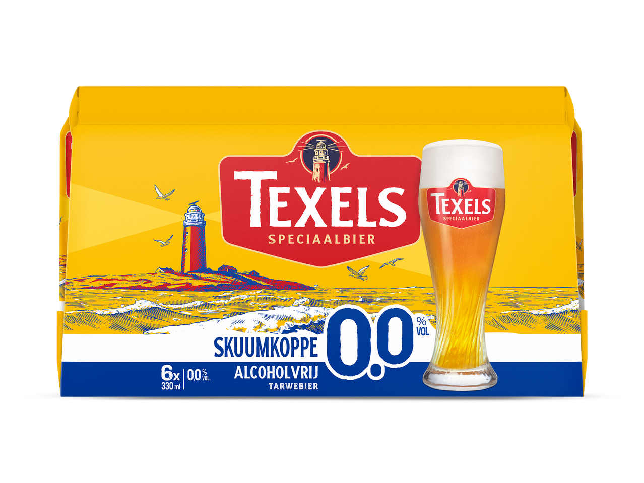 Een sixpack alcoholvrij tarwebier met een vuurtoren en zeemeeuwen op de verpakking.
