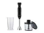 Black hand blender set with a measuring beaker and a chopper attachment