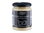 Deluxe Roasted Garlic Mayonnaise in a glass jar with a black lid