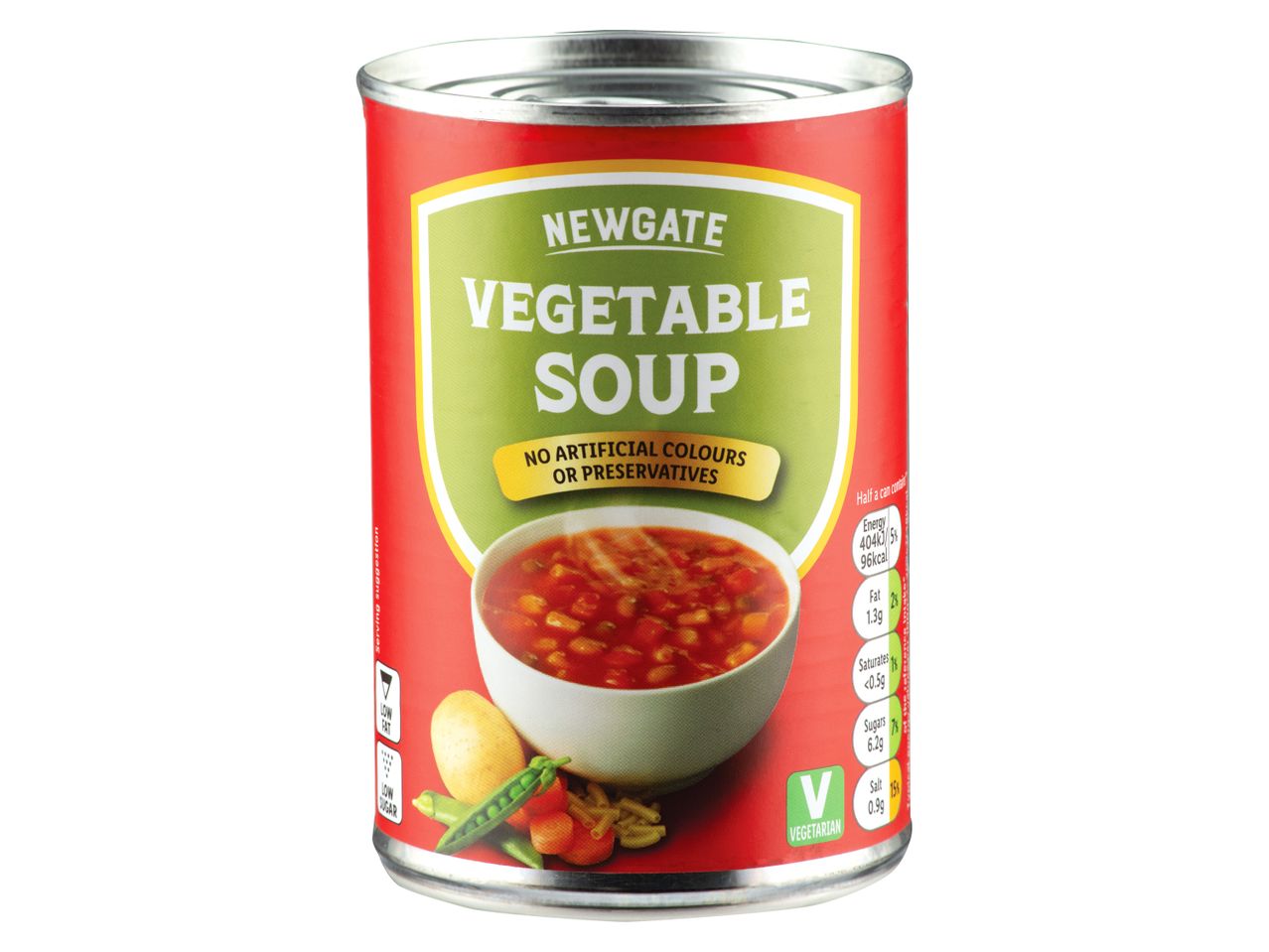 Newgate vegetable soup can: vegetarian, no artificial colours or preservatives.
