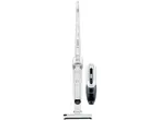 Un aspirapolvere verticale Bosch bianco con un aspirapolvere portatile staccabile.