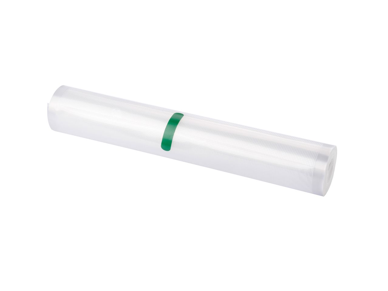 A roll of vacuum sealer bags with a green label.